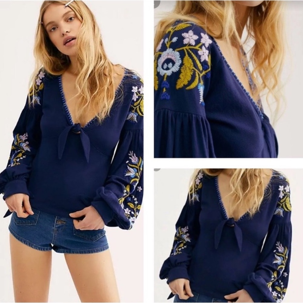 Free People Womens Kara Tunic Blouse Navy Medium